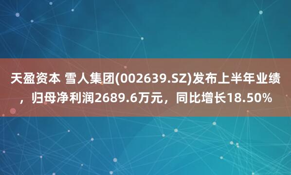 天盈资本 雪人集团(002639.SZ)发布上半年业绩，归母净利润2689.6万元，同比增长18.50%